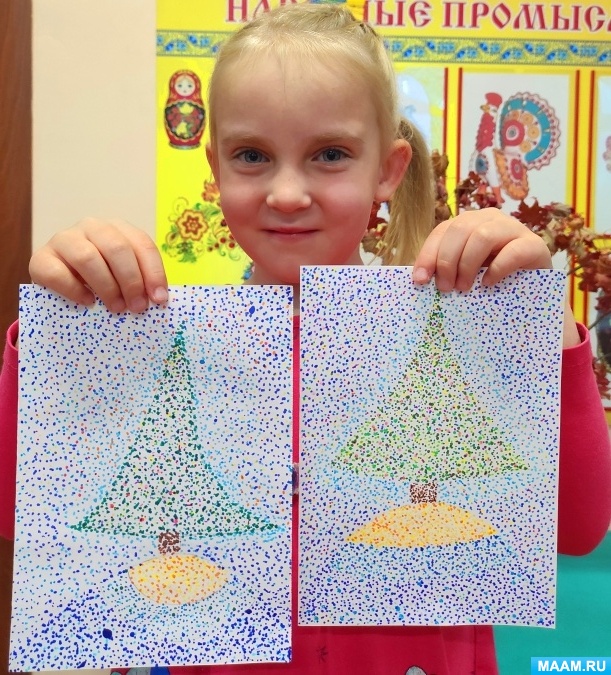 Мастер-класс по нетрадиционной технике рисования «пуантилизм» с детьми старшей группы «Рождественская открытка»