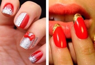 Красный маникюр с блестками и стразами — фото 17