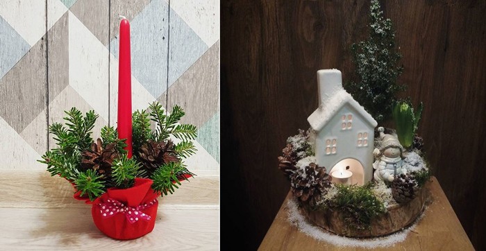 В горшок с землёй втыкаем свечу и ветки, а сам горшочек украшаем фетровой красной тканью. Или же используем готовый подсвечник-домик, а хвою возьмём как элемент декора
